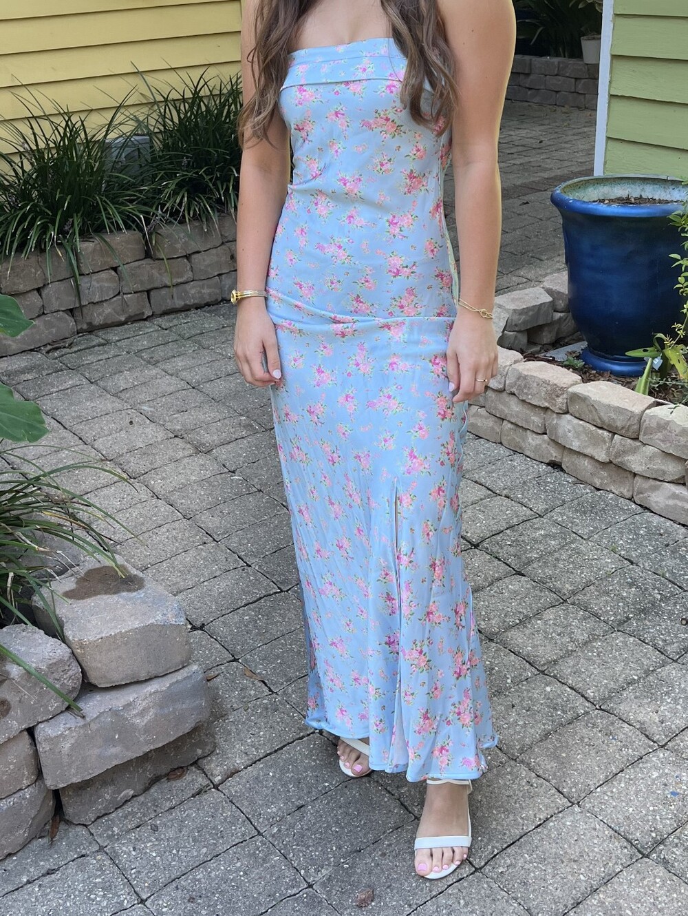 Altar'd State Pastel Blue Floral Strapless Maxi Dress